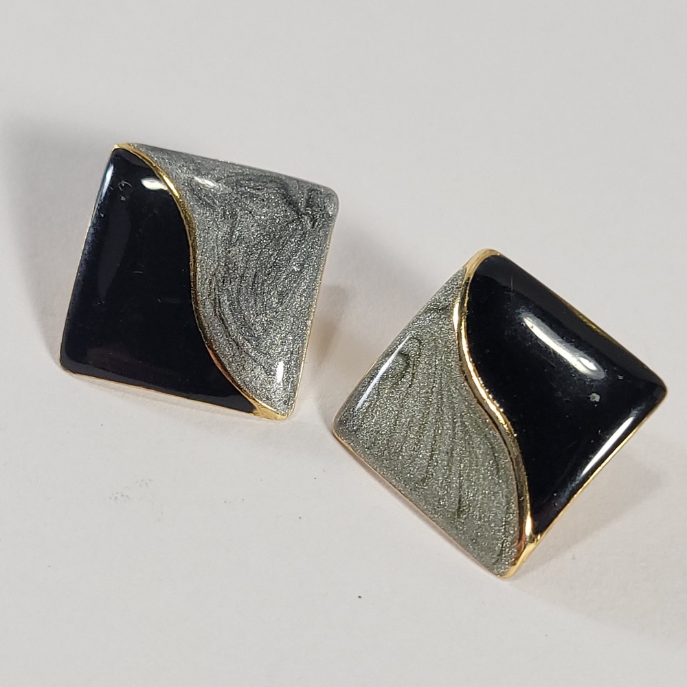 Vintage Square Stud Earrings Black Silver Geometric Wave Enamel Gold Jewelry